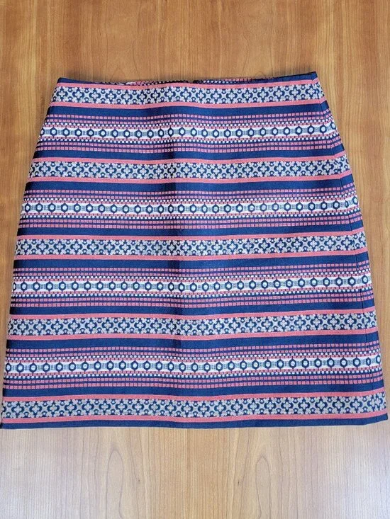 LOFT Coral Navy Gold Tan Aztec Stripe Cotton Blend A-line Mini Skirt - 2P - Picture 5 of 9